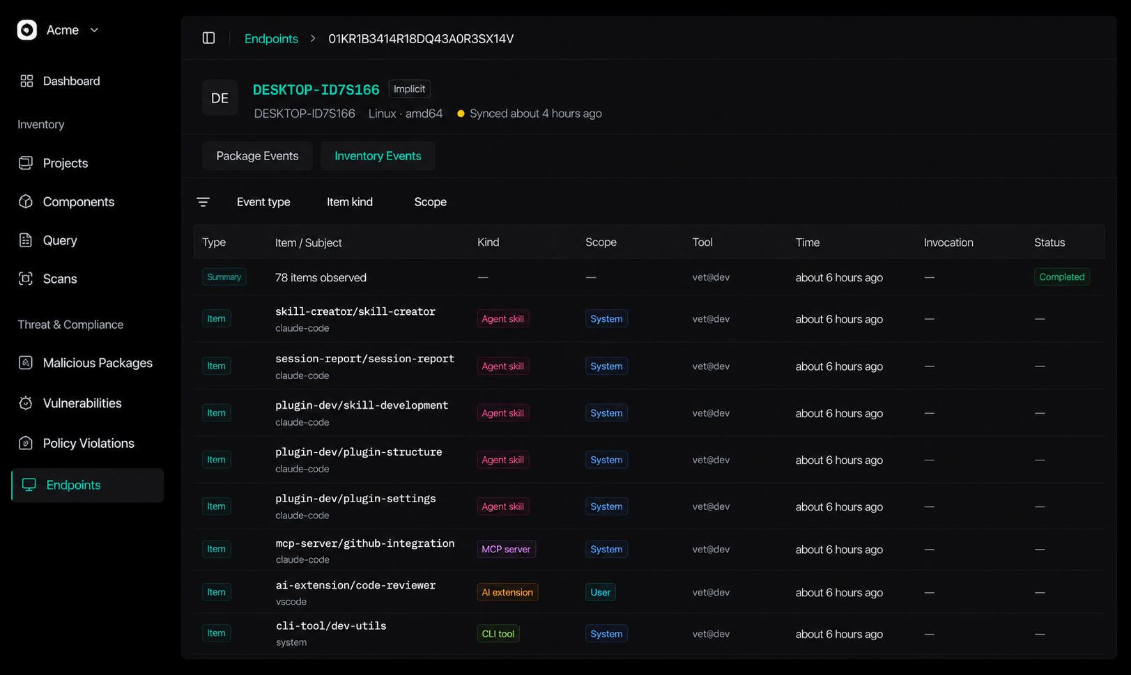 显示已发现的 AI 工具、MCP 服务器和 CLI 工具的 endpoint 库存