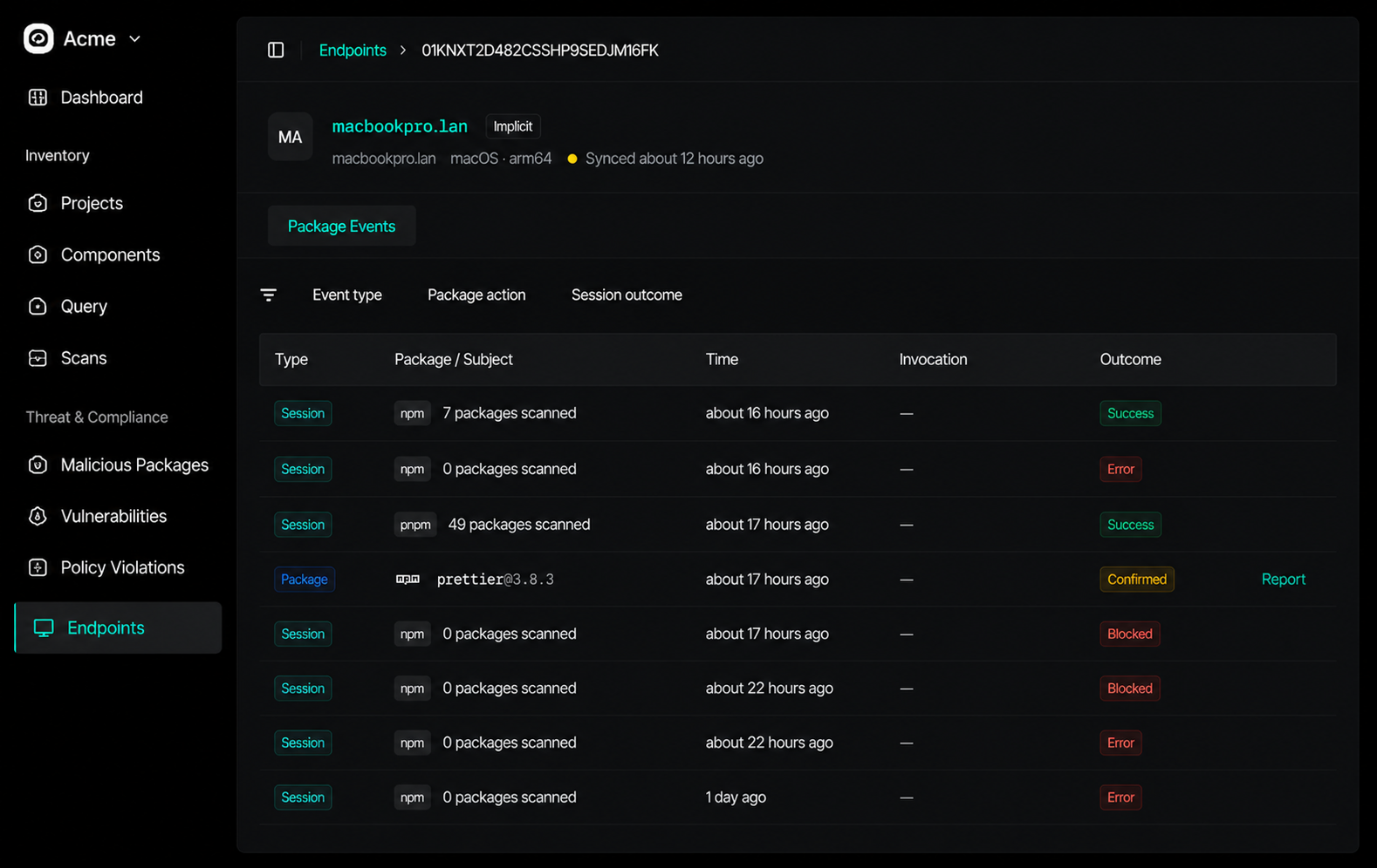 显示会话和结果的每个 endpoint 的包事件