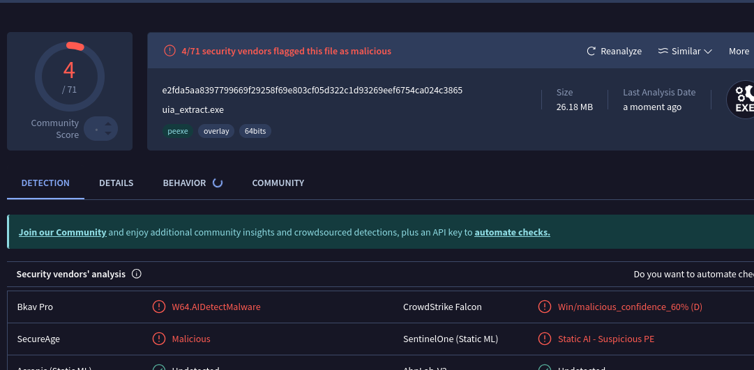 VirusTotal 对 uia_extract.exe 的分析，显示 4/71 检测率，均为基于机器学习，无特定恶意软件家族名称
