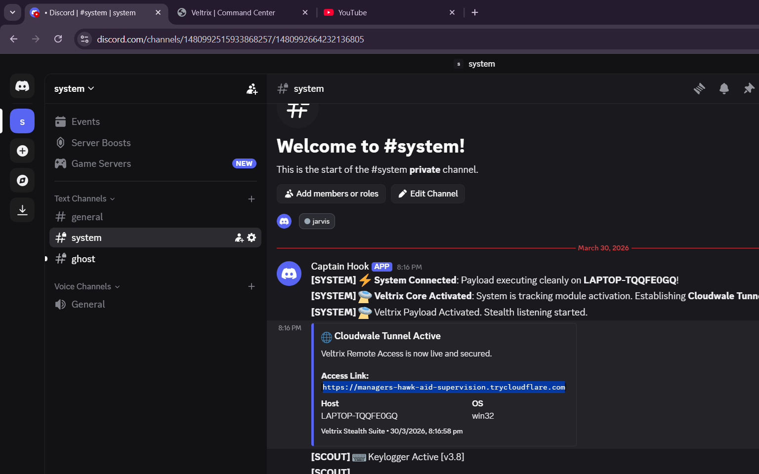 Discord C2 频道显示初始 Veltrix 信标和包含 trycloudflare.com 访问链接的 Cloudwale Tunnel Active 嵌入