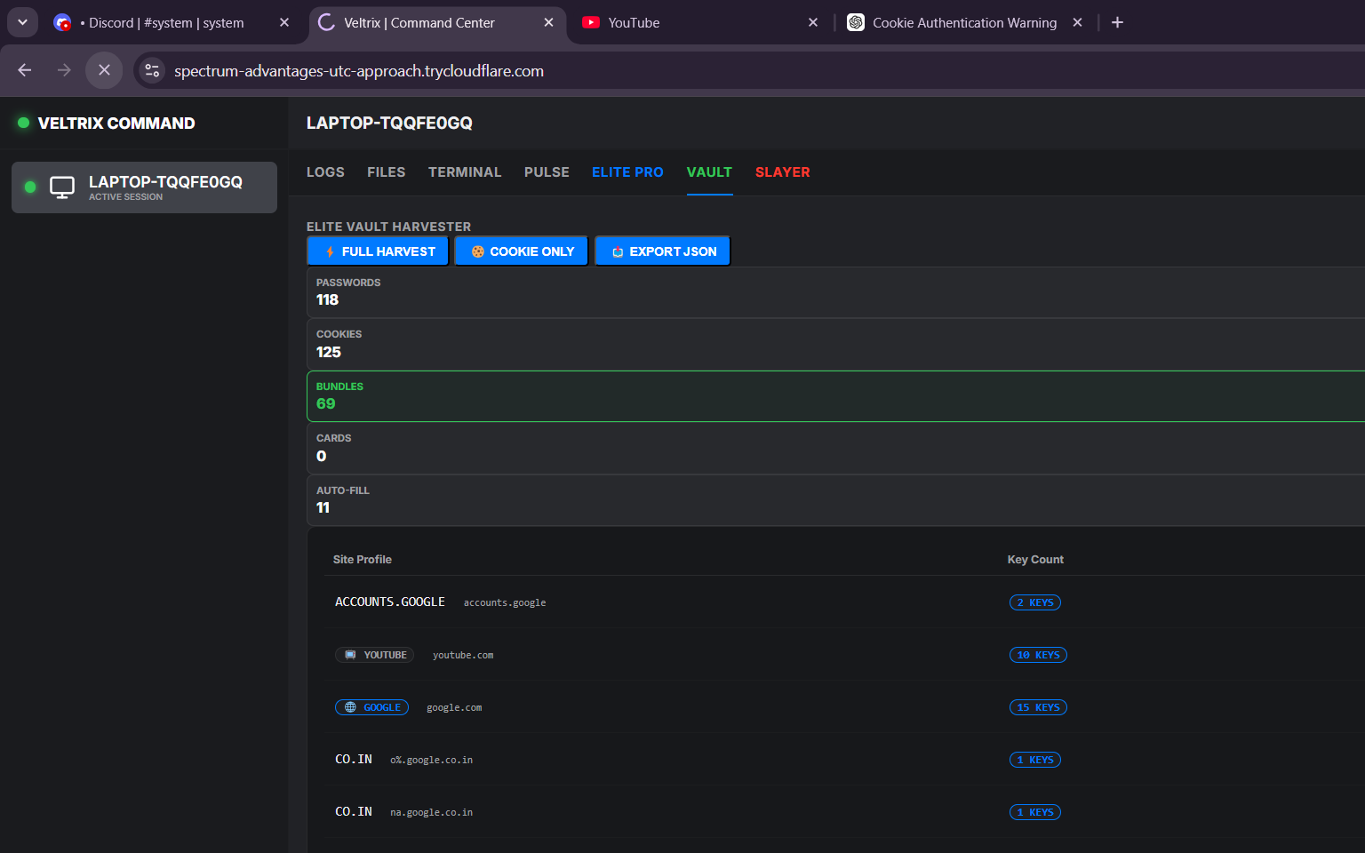 Veltrix VAULT 标签页显示 69 个包，包括 ACCOUNTS.GOOGLE（2 个密钥）、YOUTUBE（10 个密钥）、GOOGLE.COM（15 个密钥）——攻击者自己的 Google 会话 Cookie