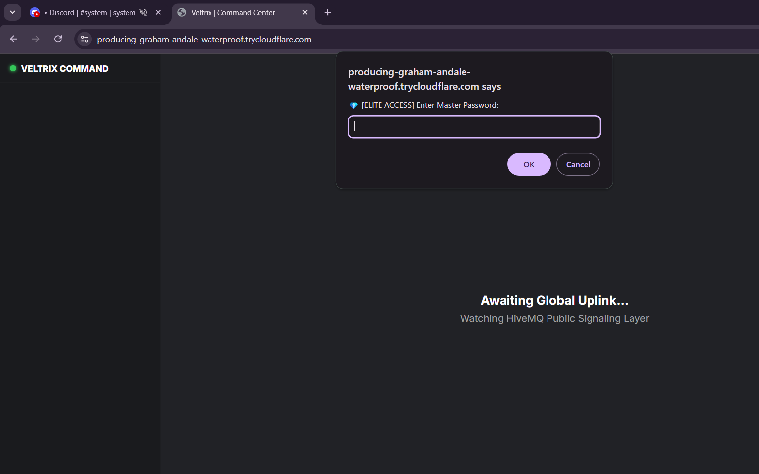 Veltrix Command Center 登录页面，通过 trycloudflare.com 域提供服务，提示输入主密码