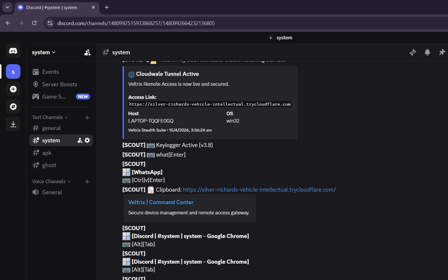 Discord 显示带窗口标题前缀的实时按键记录器输出、trycloudflare URL 的剪贴板捕获，以及带 [SCOUT] 标签的按键记录