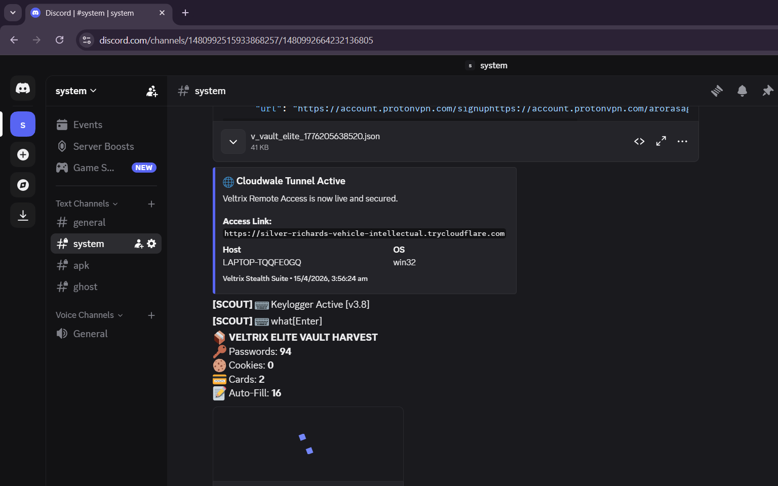 Discord 显示保险库收获结果：94 个密码、2 张信用卡、16 个自动填充条目，并附有保险库 JSON 文件
